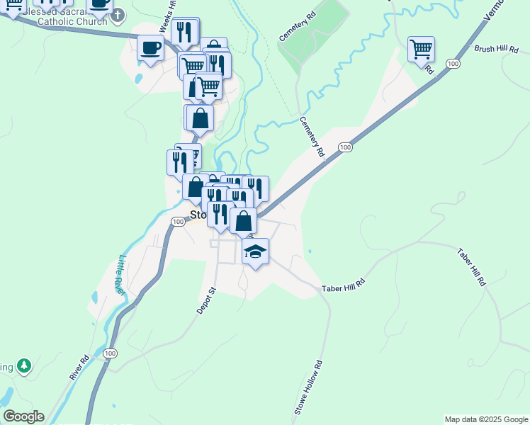 map of restaurants, bars, coffee shops, grocery stores, and more near Rte 100 in Stowe