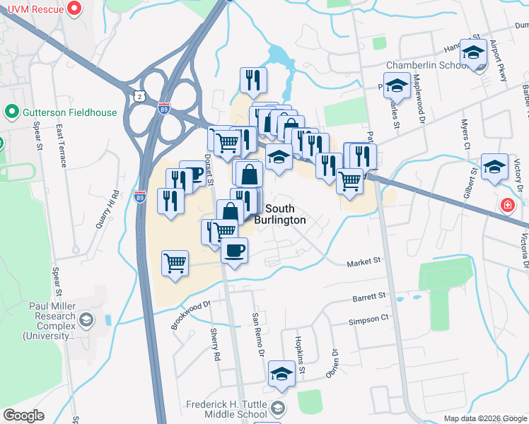 map of restaurants, bars, coffee shops, grocery stores, and more near 155 Market Street in South Burlington