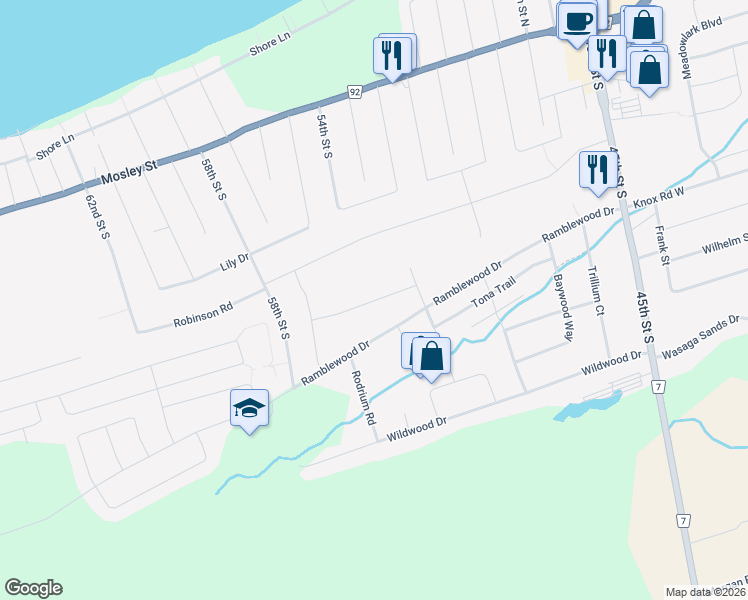 map of restaurants, bars, coffee shops, grocery stores, and more near 46 Simona Avenue in Wasaga Beach