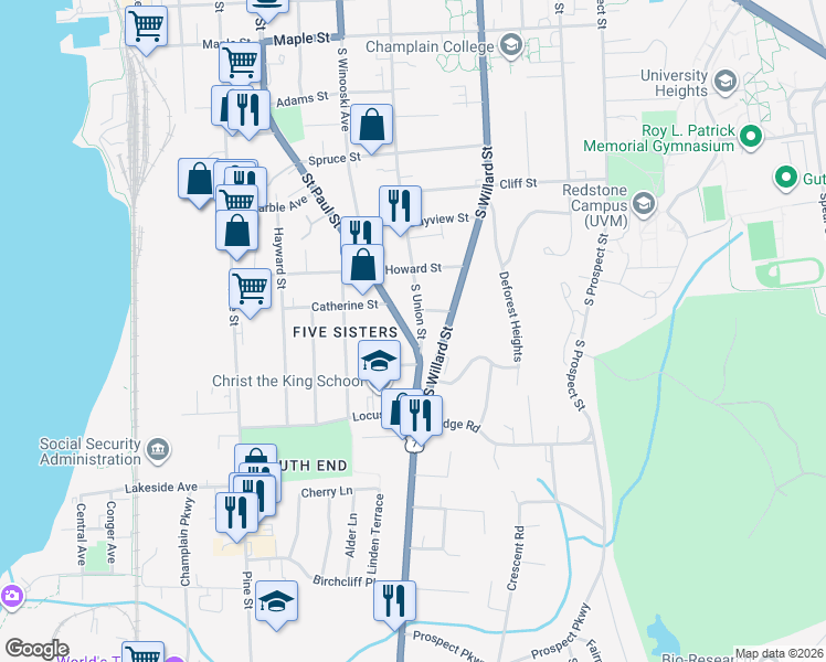 map of restaurants, bars, coffee shops, grocery stores, and more near 500 South Union Street in Burlington