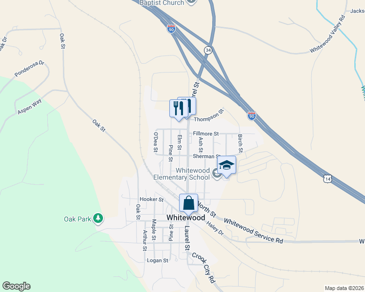 map of restaurants, bars, coffee shops, grocery stores, and more near 1315 Elm Street in Whitewood