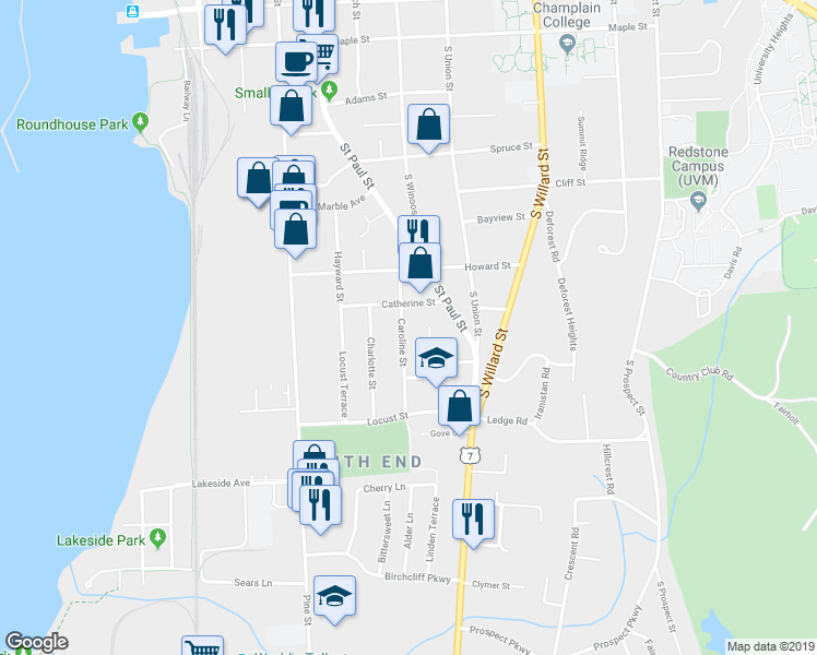 map of restaurants, bars, coffee shops, grocery stores, and more near 50 Caroline Street in Burlington