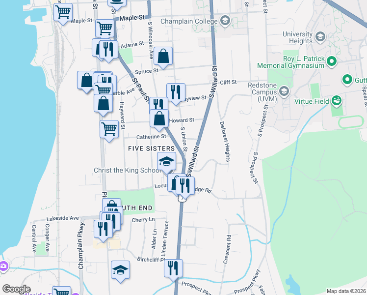 map of restaurants, bars, coffee shops, grocery stores, and more near 500 South Union Street in Burlington