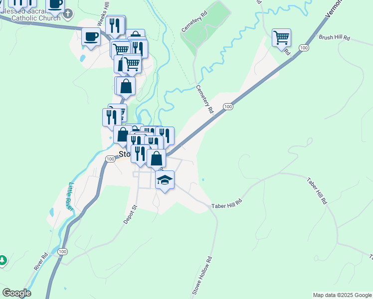 map of restaurants, bars, coffee shops, grocery stores, and more near 250 Maple Street in Stowe