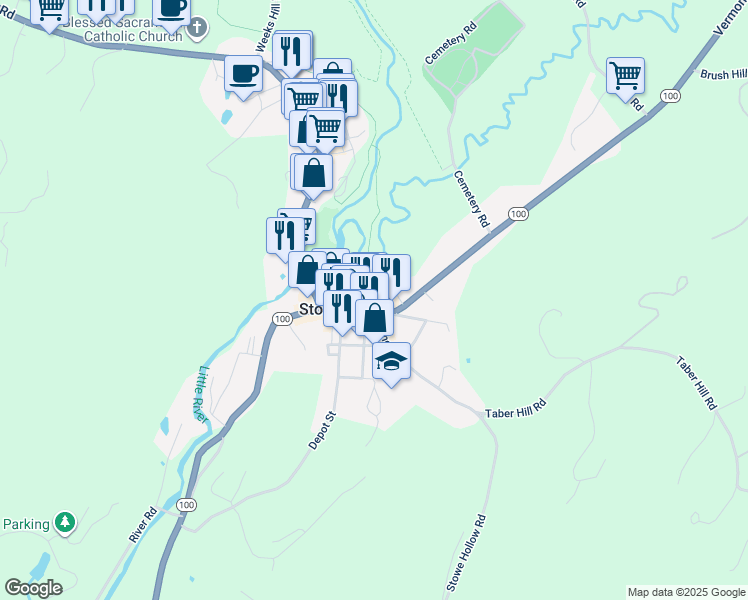 map of restaurants, bars, coffee shops, grocery stores, and more near in Stowe