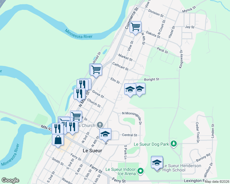 map of restaurants, bars, coffee shops, grocery stores, and more near 522 North 4th Street in Le Sueur