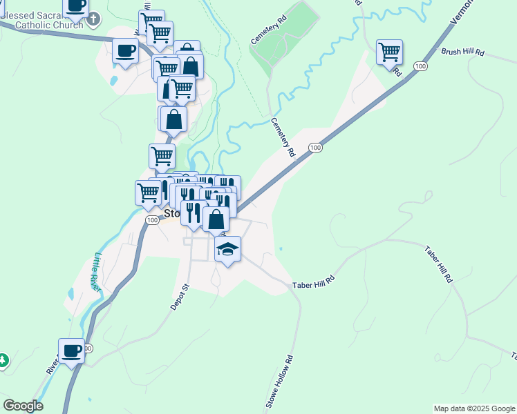 map of restaurants, bars, coffee shops, grocery stores, and more near 250 Maple Street in Stowe