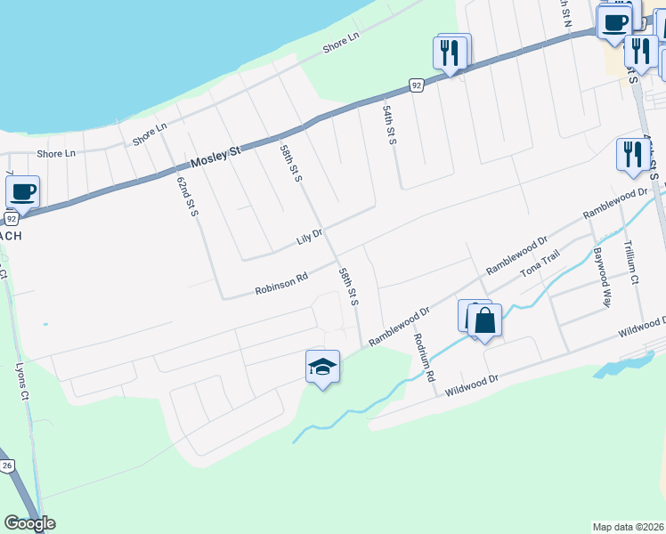 map of restaurants, bars, coffee shops, grocery stores, and more near 128 58th Street South in Wasaga Beach