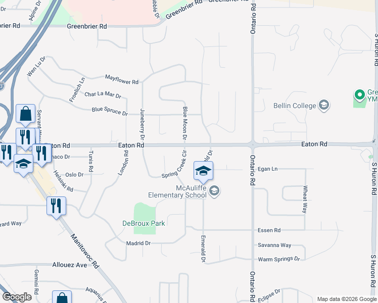 map of restaurants, bars, coffee shops, grocery stores, and more near 2200 Spring Creek Circle in Green Bay