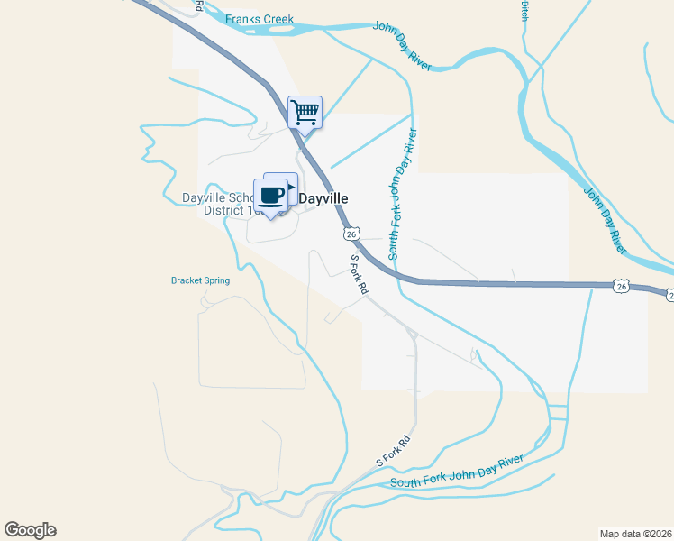 map of restaurants, bars, coffee shops, grocery stores, and more near 114 Millie Way in Dayville