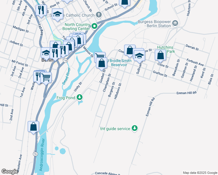 map of restaurants, bars, coffee shops, grocery stores, and more near 448 Champlain Street in Berlin