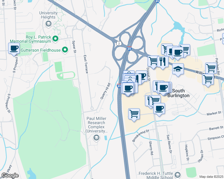 map of restaurants, bars, coffee shops, grocery stores, and more near 264 Quarry Hill Road in South Burlington