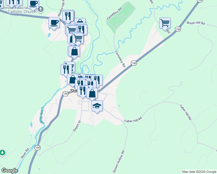 map of restaurants, bars, coffee shops, grocery stores, and more near 234 Maple Street in Stowe