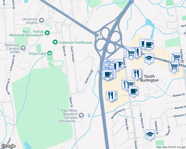 map of restaurants, bars, coffee shops, grocery stores, and more near 264 Quarry Hill Road in South Burlington