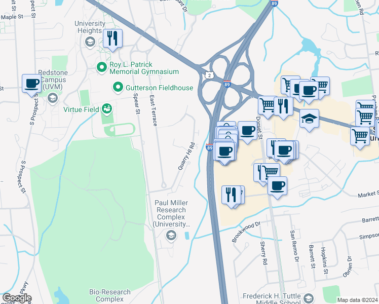 map of restaurants, bars, coffee shops, grocery stores, and more near 237 Quarry Hill Road in South Burlington