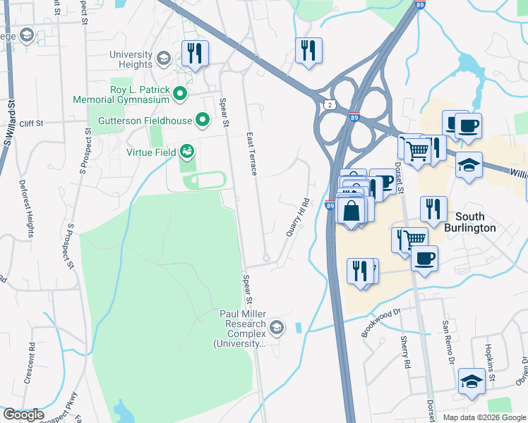 map of restaurants, bars, coffee shops, grocery stores, and more near 58 East Terrace in South Burlington