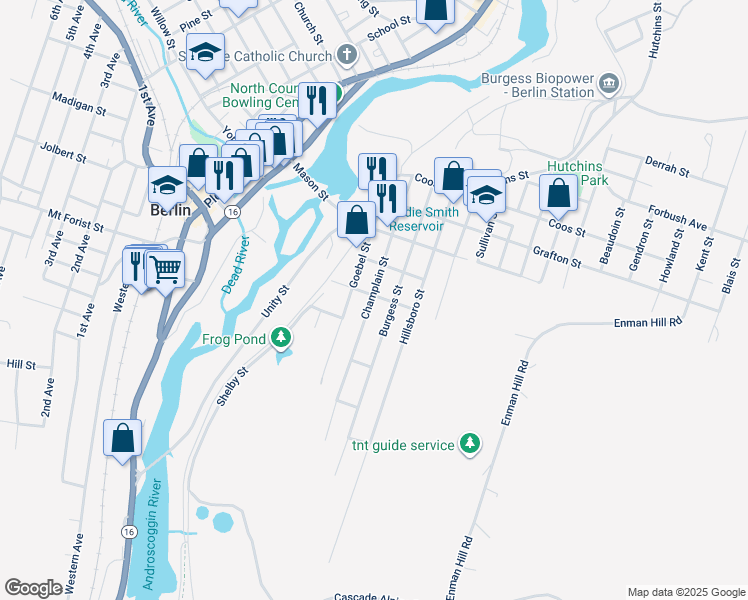 map of restaurants, bars, coffee shops, grocery stores, and more near 448 Champlain Street in Berlin