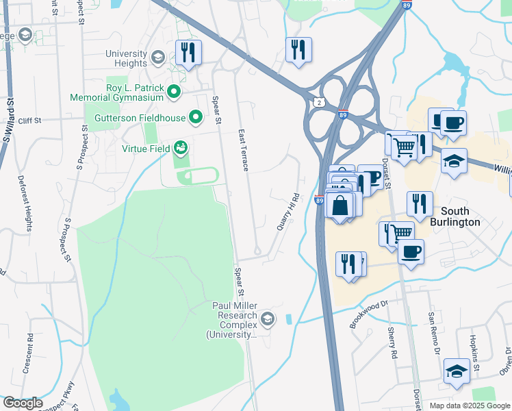 map of restaurants, bars, coffee shops, grocery stores, and more near 58 East Terrace in South Burlington