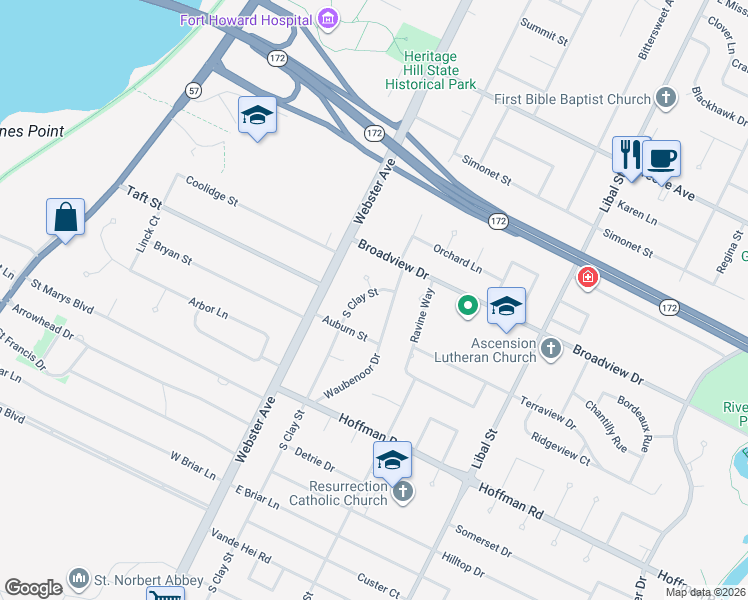 map of restaurants, bars, coffee shops, grocery stores, and more near 3101 South Clay Street in Allouez
