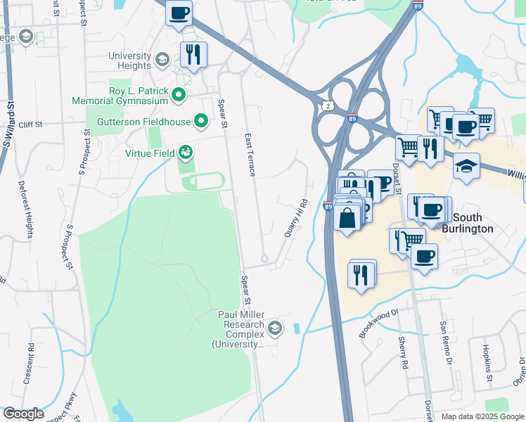 map of restaurants, bars, coffee shops, grocery stores, and more near 58 East Terrace in South Burlington