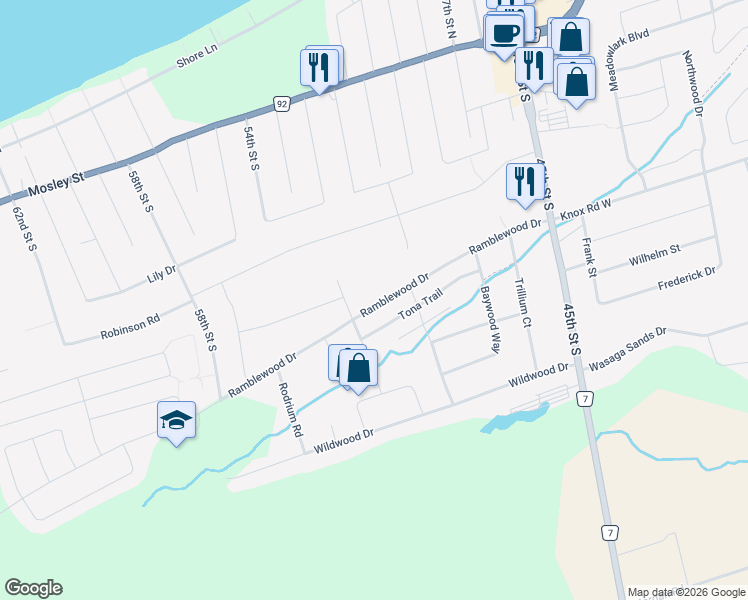 map of restaurants, bars, coffee shops, grocery stores, and more near 220 Ramblewood Drive in Wasaga Beach