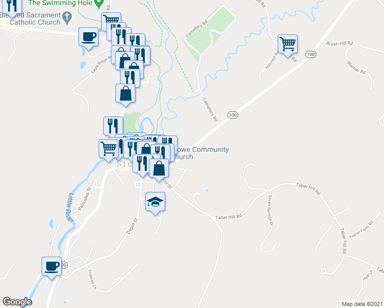 map of restaurants, bars, coffee shops, grocery stores, and more near 250 Maple Street in Stowe