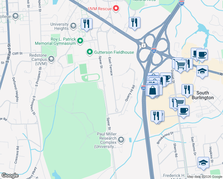 map of restaurants, bars, coffee shops, grocery stores, and more near 256 Spear Street in South Burlington