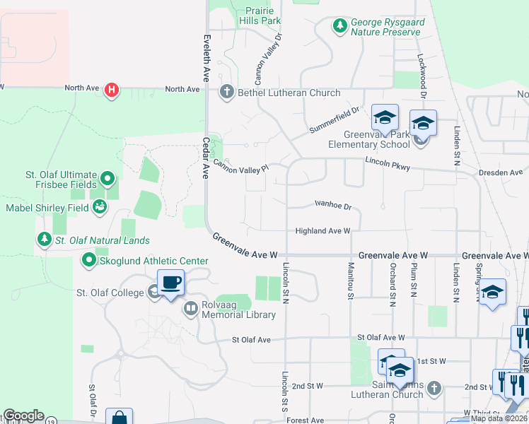 map of restaurants, bars, coffee shops, grocery stores, and more near 1138 Highland Avenue in Northfield