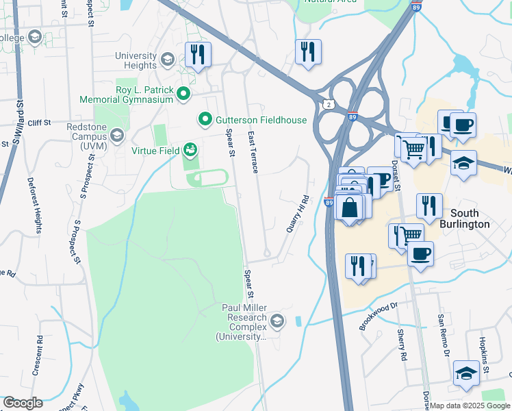 map of restaurants, bars, coffee shops, grocery stores, and more near 256 Spear Street in South Burlington