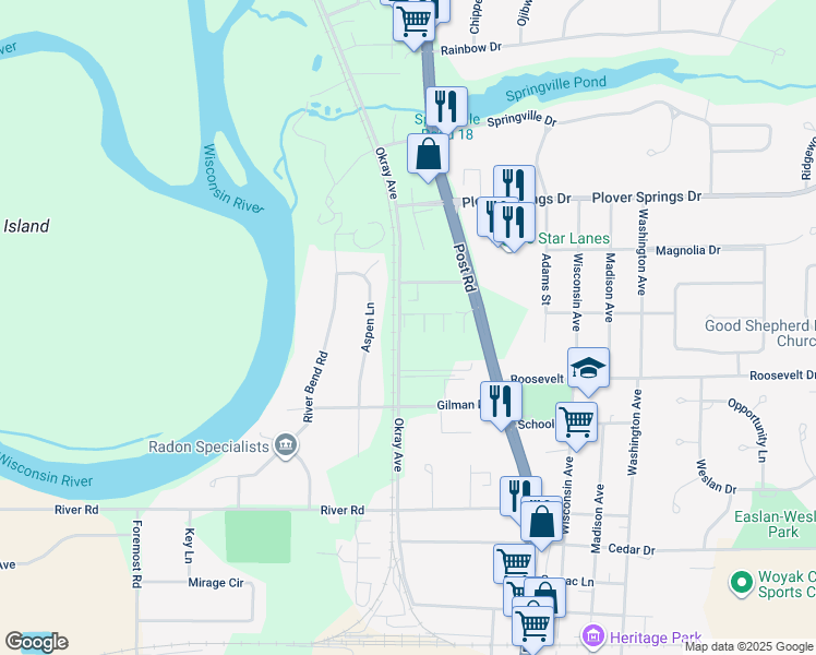 map of restaurants, bars, coffee shops, grocery stores, and more near 2074 Okray Avenue in Plover
