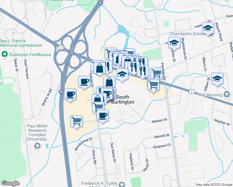 map of restaurants, bars, coffee shops, grocery stores, and more near 146 Market Street in South Burlington