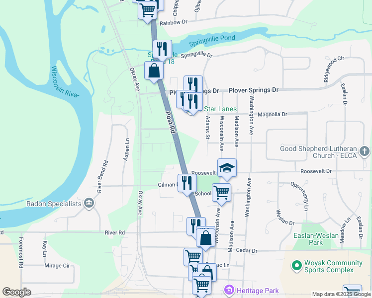 map of restaurants, bars, coffee shops, grocery stores, and more near 2140 Post Road in Plover