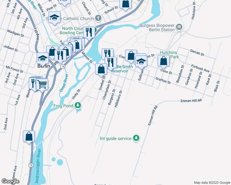 map of restaurants, bars, coffee shops, grocery stores, and more near 472 Burgess Street in Berlin
