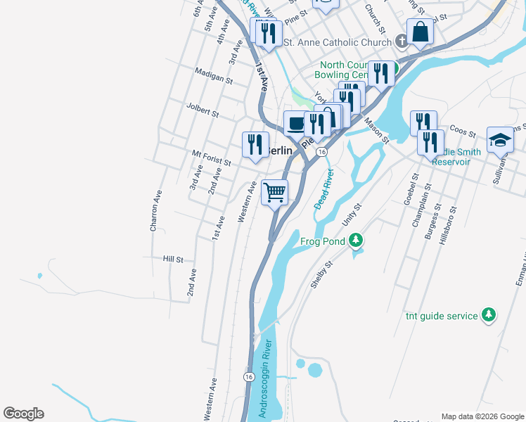 map of restaurants, bars, coffee shops, grocery stores, and more near 19 Pleasant Street in Berlin