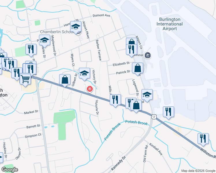 map of restaurants, bars, coffee shops, grocery stores, and more near 11 Mills Ave in South Burlington