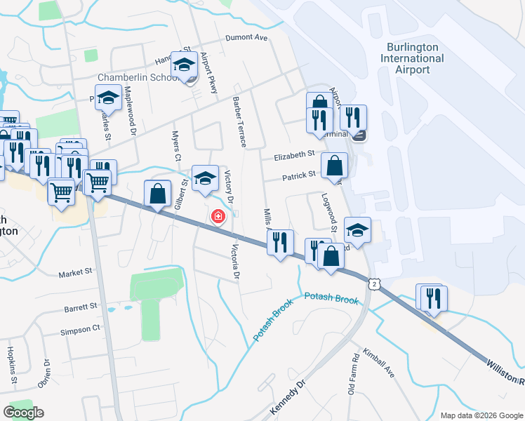 map of restaurants, bars, coffee shops, grocery stores, and more near 11 Mills Avenue in South Burlington