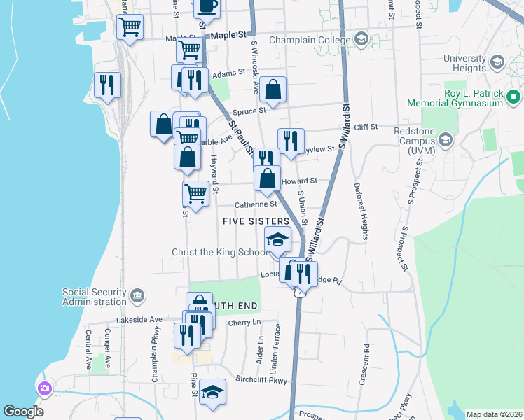 map of restaurants, bars, coffee shops, grocery stores, and more near in Burlington