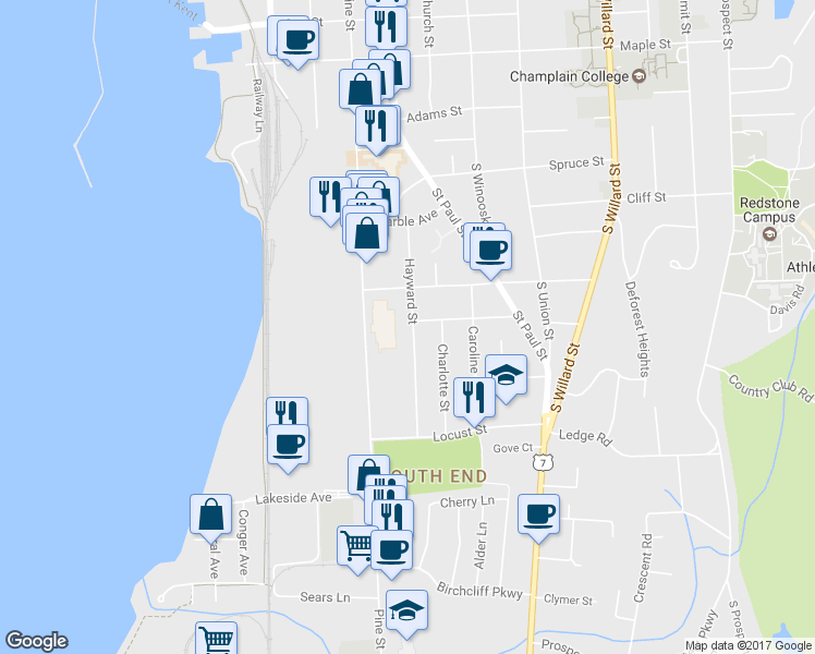 map of restaurants, bars, coffee shops, grocery stores, and more near 99 Hayward Street in Burlington