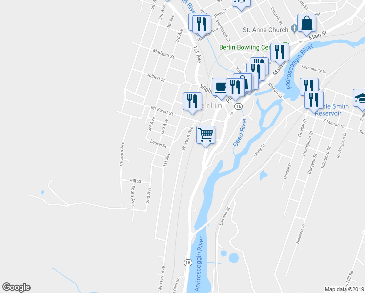 map of restaurants, bars, coffee shops, grocery stores, and more near 807 Western Avenue in Berlin