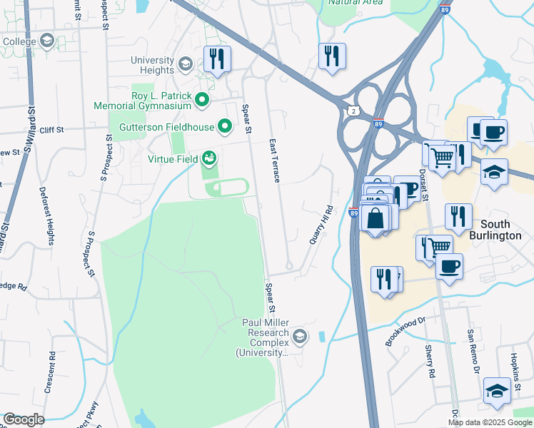 map of restaurants, bars, coffee shops, grocery stores, and more near 256 Spear Street in South Burlington