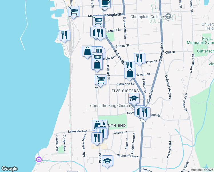 map of restaurants, bars, coffee shops, grocery stores, and more near 103 Hayward Street in Burlington