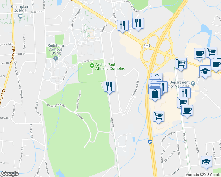 map of restaurants, bars, coffee shops, grocery stores, and more near 256 Spear St in South Burlington