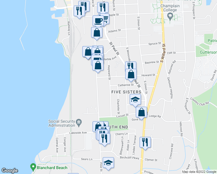 map of restaurants, bars, coffee shops, grocery stores, and more near 97 Hayward Street in Burlington