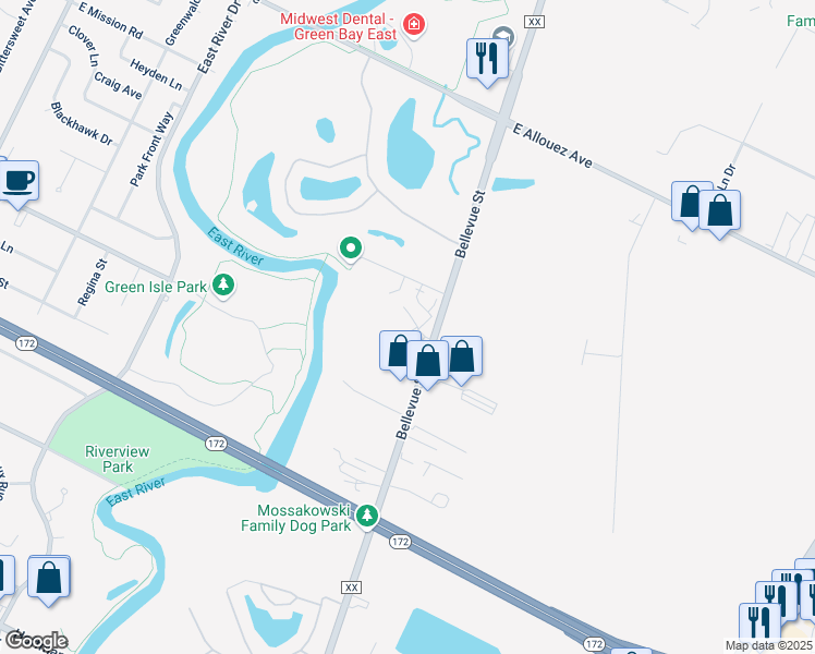 map of restaurants, bars, coffee shops, grocery stores, and more near 1562 Manderly Way in Green Bay