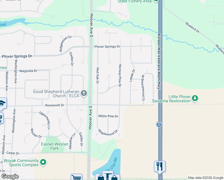 map of restaurants, bars, coffee shops, grocery stores, and more near 1831 Whispering Pine Drive in Plover
