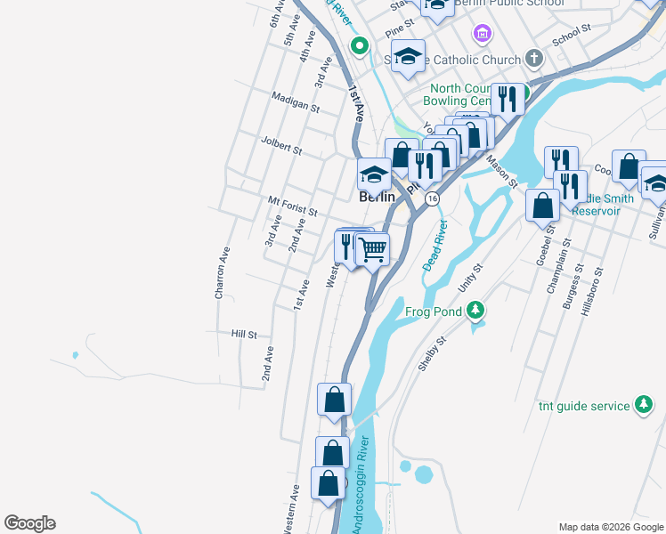 map of restaurants, bars, coffee shops, grocery stores, and more near 807 Western Avenue in Berlin