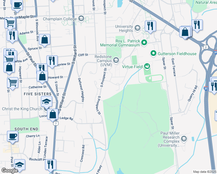 map of restaurants, bars, coffee shops, grocery stores, and more near 500 South Prospect Street in Burlington