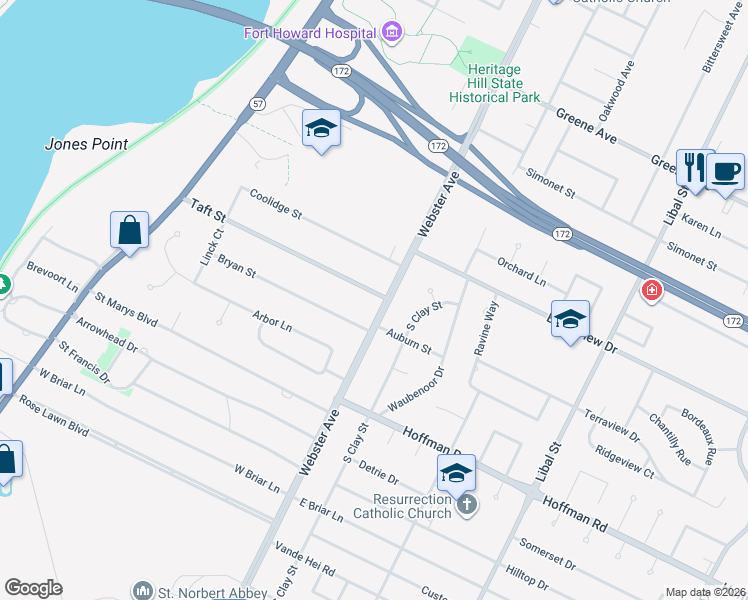 map of restaurants, bars, coffee shops, grocery stores, and more near 3116 South Webster Avenue in Allouez