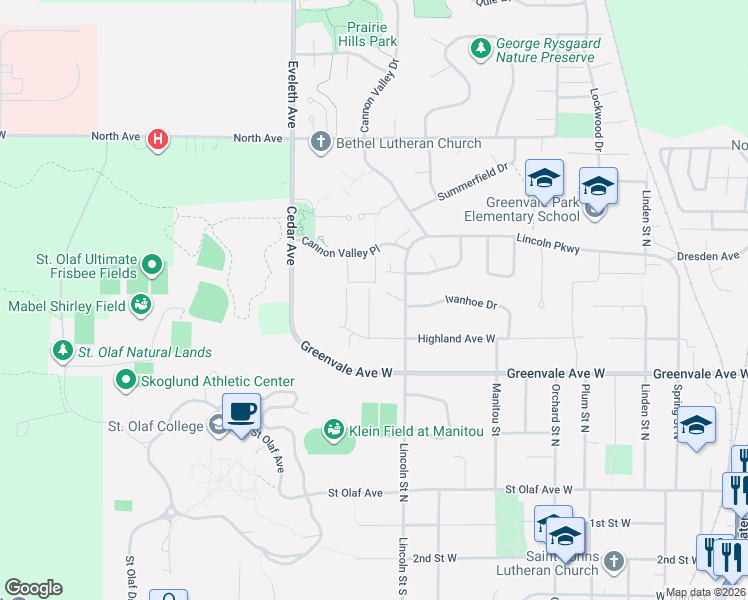 map of restaurants, bars, coffee shops, grocery stores, and more near 1138 Highland Avenue in Northfield