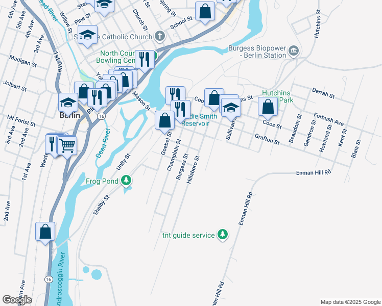 map of restaurants, bars, coffee shops, grocery stores, and more near 472 Burgess Street in Berlin